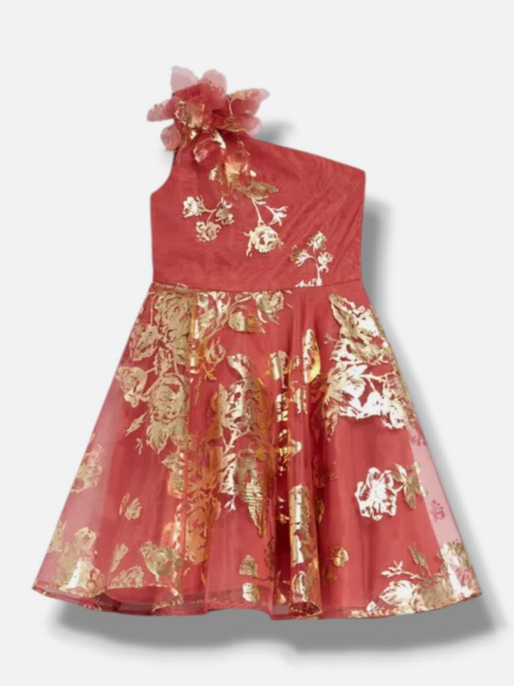 Marchesa Notte Mini Girl's Red Jackson Floral Foil One-Shoulder Dress Size 8